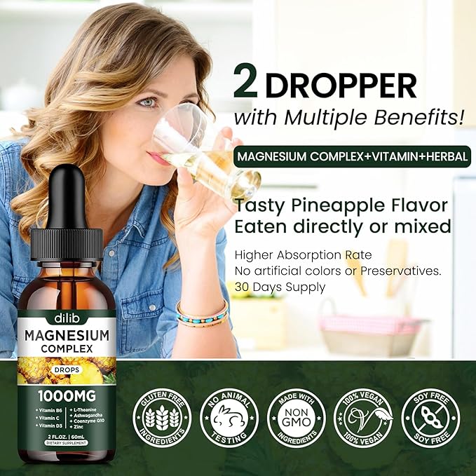 Triple Magnesium Complex Supplement, Magnesium Glycinate, threonate, Citrate Liquid Drops 1000mg with Ashwagandha, CoQ10, Vitamin B6, C, D, Zinc - Vegan Pineapple Flavor