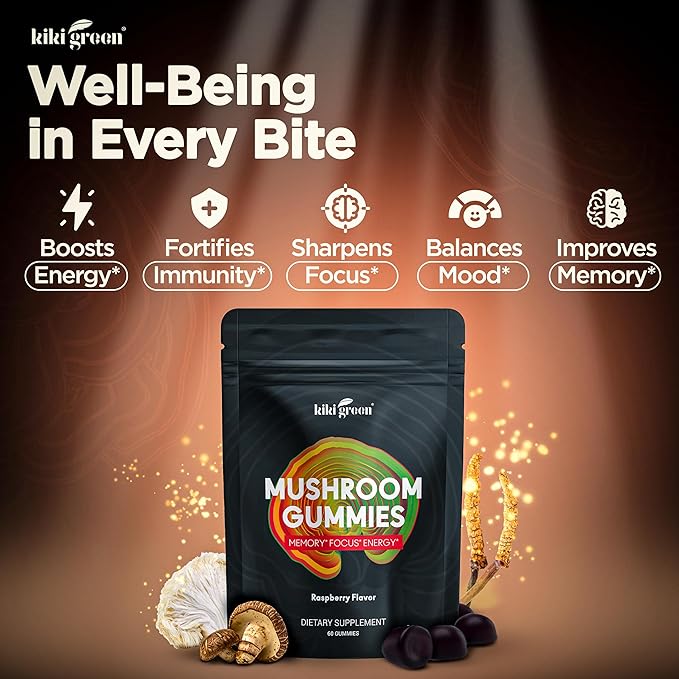 KIKI Green Mushroom Gummies with Lion's Mane and 9 Adaptogen Superfoods Blend - Chaga, Red Reishi, Cordyceps, Shiitake, Black Fungus | 60 Count, 10:1 Extract