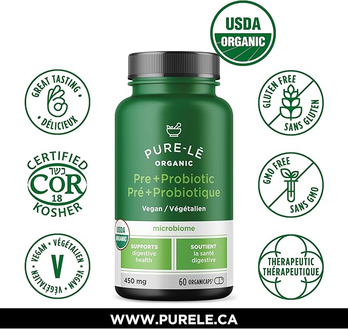 USDA Organic Prebiotic + Probiotic 60 Organicaps - Vegan Certified Organic Kosher Complete Daily Digestive Support. All Natural - Ultra Premium Digestive Dietary Supplement.