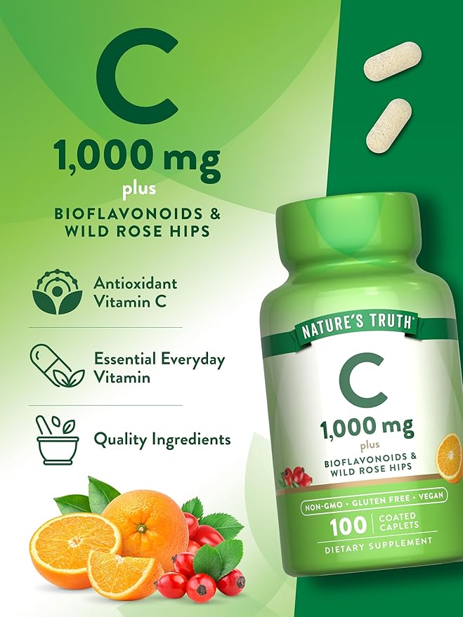 Nature's Truth Vitamin C Bioflavonoids & Rose Hips | 1000mg | 100 Caplets | Vegetarian, Non-GMO, & Gluten Free Supplement