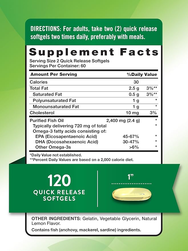 Nature's Truth Fish Oil 2400mg | 120 Quick Release Softgels | 720 mg Omega 3 | Burpless Lemon Flavor Pills | Non-GMO & Gluten Free Supplement