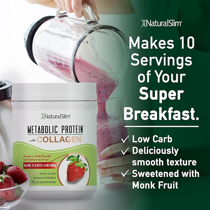 NaturalSlim Metabolic Protein Powder with Collagen Strawberry - Hydrolyzed Collagen Protein Powder for Hair, Skin, Bone, Joint, and Metabolism - Low Carb Meal Replacement Shake Mix - 17.6 oz