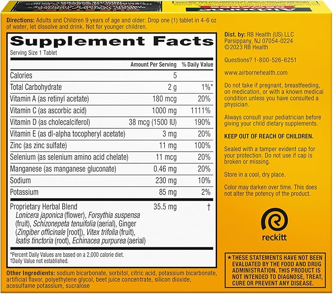 Airborne 1000mg Vitamin C with Vitamin D & Zinc, Sugar Free Multivitamin Immune Support Supplement, Antioxidants Vitamins A C & Vitamin E, 30 Effervescent Tablets, Very Berry Flavor