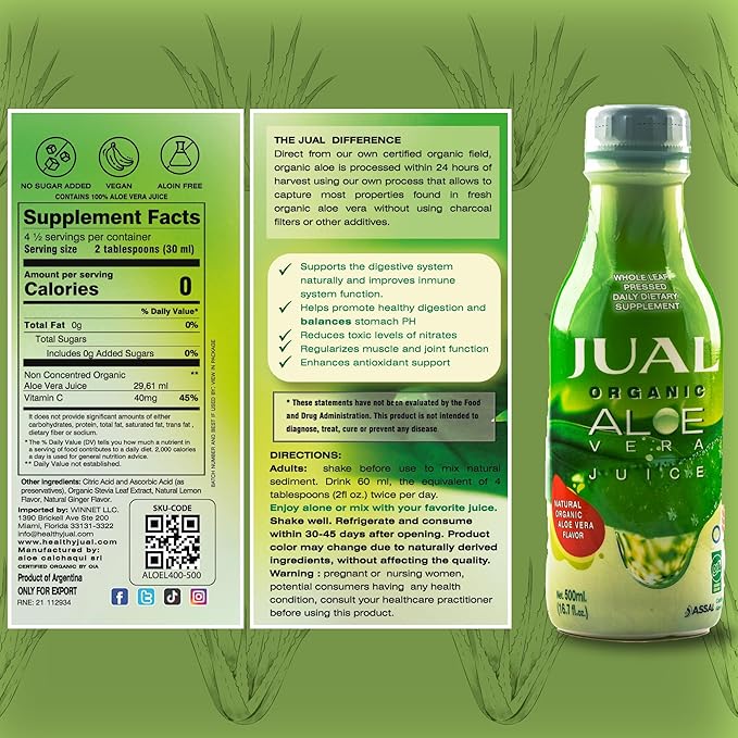 JUAL Healthy Organic Aloe Vera Juice drink,16.7 Fl Oz - Natural Flavor - 100%Aloe Vera Drink - Vegan, Zero Sugar, Aloin free Pure Aloe Juice for Gut Health - Immune Booster, 500ml (Pack of 1)
