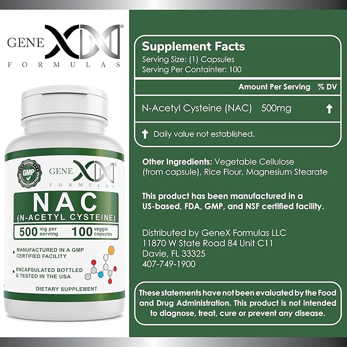 Genex Formulas NAC 500mg (100 Capsules) N-Acetyl Cysteine, Supports Liver Health - Non-GMO, Gluten Free, Vegan (3 Month Supply)