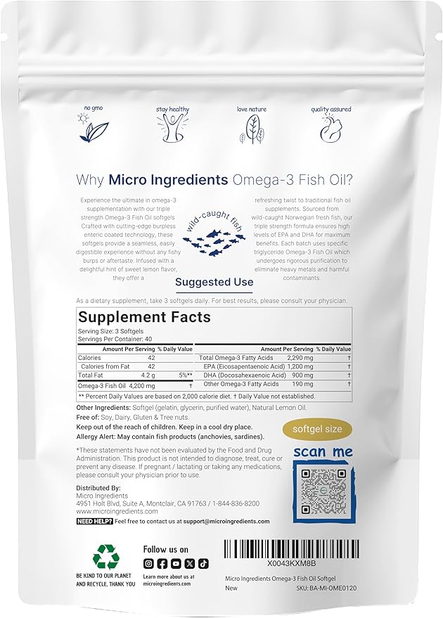 Micro Ingredients Triple Strength Omega 3 Fish Oil Supplements 4200mg Per Serving, 120 Softgels – Lemon Flavored – Burpless | EPA 1200mg + DHA 900mg | Deep Sea Fish