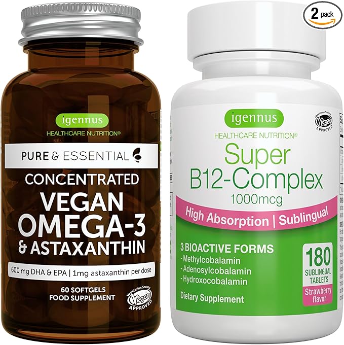 Vegan Omega-3 + Super B12-Complex 1000mcg Vegan Bundle, Sustainable EPA & DHA Algae Oil 1340mg + High Absorption Sublingual Vitamin B12 With Methylcobalamin, Adenosylcobalamin & Hydroxocobalamin, by I