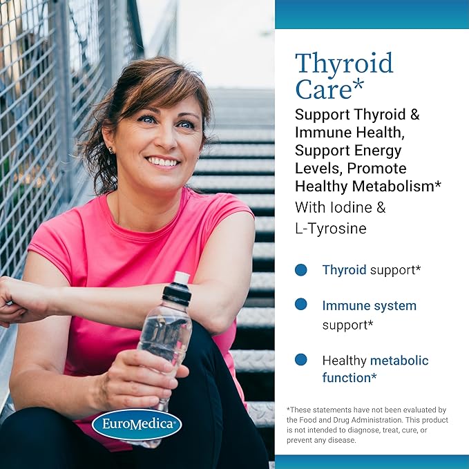 Euromedica Thyroid Care - Immune Health & Energy Support Formula - Nutritional Supplement with Iodine for Thyroid Health Support - Wellness Supplement with L-Tyrosine - 60 Capsules