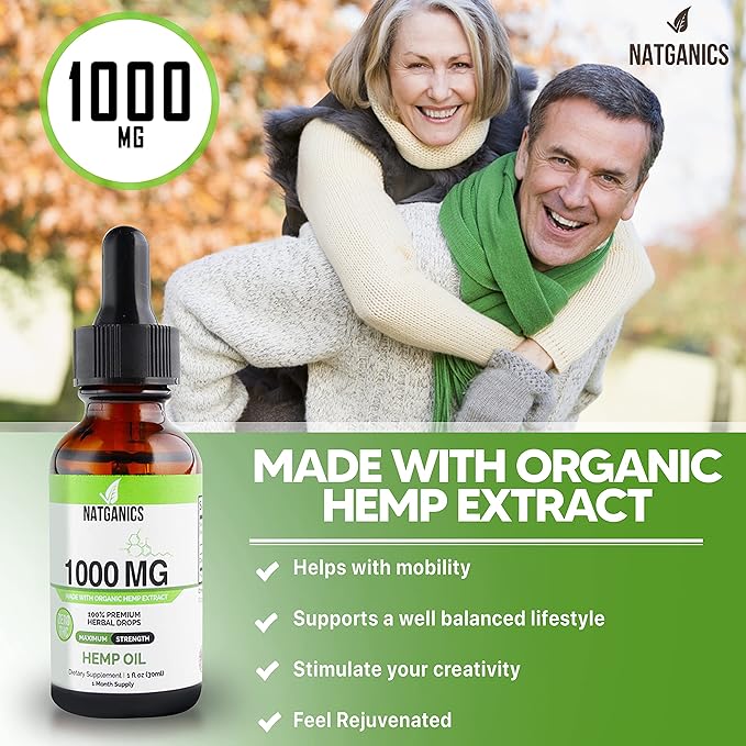 Organic Hemp Oil 1000mg - Ultra Premium Hemp Oil Drops 1000mg - Natural Hemp Oil Extract Tincture - Non-GMO Ultra-Pure CO2 Extracted Drops - Omega Fatty Acids 3 6 9 - Organically Grown & Made in USA