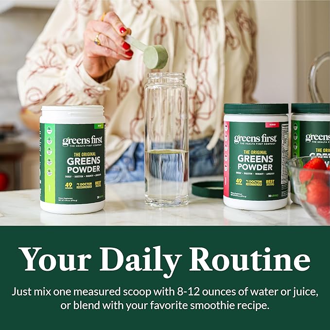 Greens First Original Greens Powder - 49 Superfoods - Organic Fruits & Veggies - Prebiotics, Probiotics & Digestive Enzymes - Antioxidant Smoothie - Dairy Free, Vegan & Non-GMO (Berry, 30 Servings)