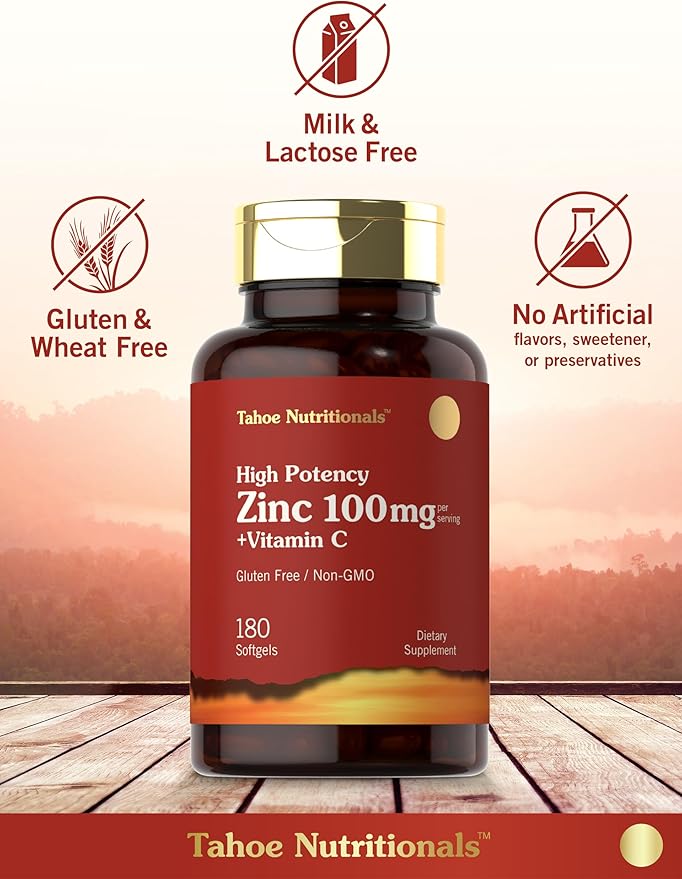 Carlyle Zinc Supplement 100mg with Vitamin C | 180 Softgels | Non-GMO, Gluten Free | Tahoe Nutritionals