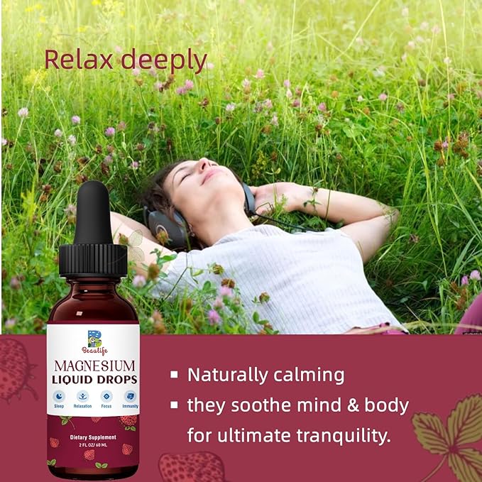Magnesium Liquid Drop, 1000mg Magnesium Supplement,with Magnesium Glycinate & Citrate, Strawberry Flavor, Calm Mood, Sleep ,Relaxation, Immune, Heart for Adults and Kids