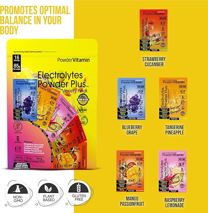 Electrolytes Powder Plus, Keto, Variety Pack B, Sugar Free, Pink Himalayan Salt, 1000mg Potassium, 120mg Calcium, 120mg Magnesium, Non-GMO, Zero Calories, (16 Hydration Packets)