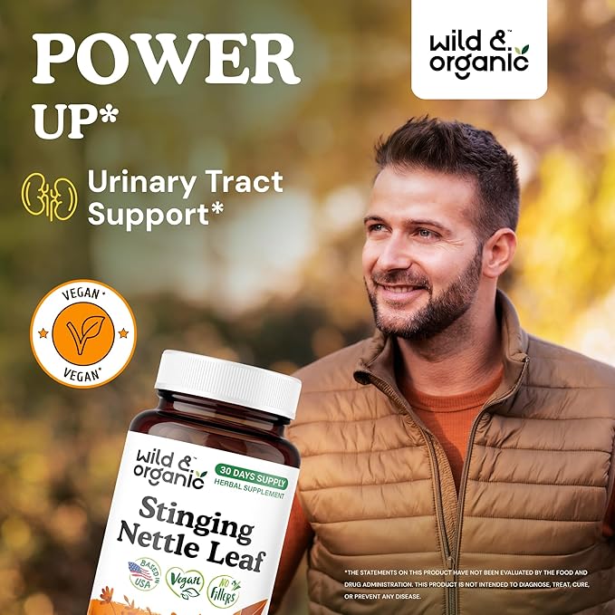 Wild & Organic Stinging Nettle Leaf Capsules - 1000 mg Stinging Nettle Extract for Urinary Support - 60 Vegan Herb Capsules - 30 Days Supply - Non-GMO, Gluten-Free, No Fillers
