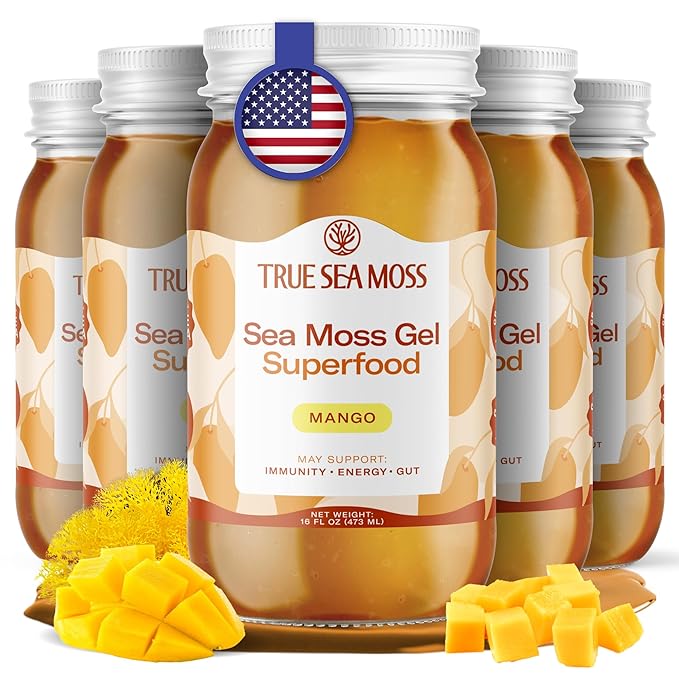 TrueSeaMoss Sea Moss Gel – Made in USA – Wildcrafted Seamoss, Fresh Fruits & Sea Vegetables – Mango, Pack of 5 (Labels may Vary)