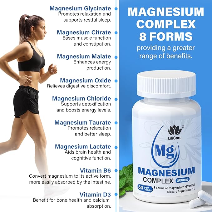 Magnesium Complex Supplement 500mg, 8 Active Forms Maximized Absorption– Glycinate, Citrate, Taurate & D3, B6 for Calm, Sleep & Healthy Muscle, 120 Capsules - 60 Count (Pack of 2)