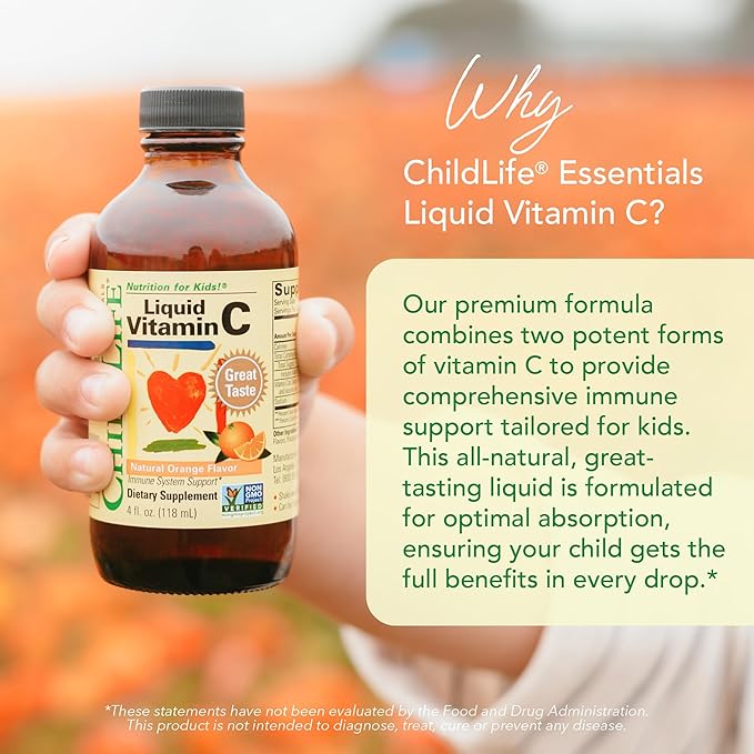 CHILDLIFE ESSENTIALS Liquid Vitamin C - Pure Vitamin C Liquid, Vitamin C for Kids, Liquid Supplement, Immune System Support, Great Taste - Natural Orange, 4 Fl Oz (Pack of 3)