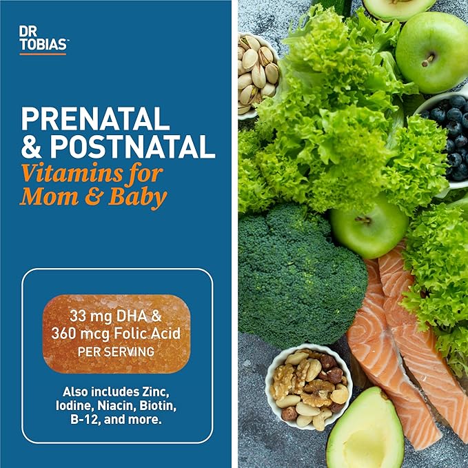 Dr. Tobias Prenatal Vitamin Gummy, Iron Free Prenatal Vitamins with DHA and Folic Acid, Niacin, Biotin, B6, & B12, Includes Fish Oil, for Pre & Postnatal Support, 60 Gummies, 30 Servings