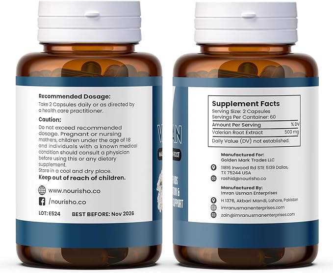 Valerian Root Capsules 120 Count 500mg, Valerian Root for Sleep, Valeriana Root Powder Capsules, Valerian Root Extract for Adults, valeriana capsulas - GMP Certified, Non GMO