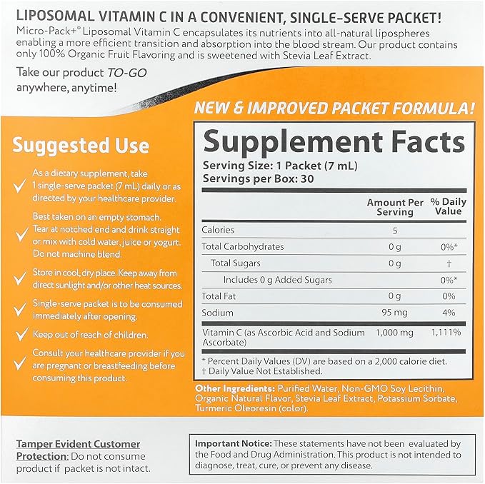 Aurora Nutrascience Micro-Pack Liposomal Vitamin C, Immune Support, 1,000 mg Per Serving, Gluten Free, Non-GMO, 30 Single Serve Packets, 21.7 oz