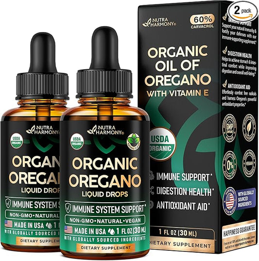 USDA Organic Oil of Oregano - Liquid Drops with Vitamin E - Made in USA - Supplement for Immune Support, Digestion Health & Antioxidant - Non-GMO, Natural, Vegan - Pack of 2