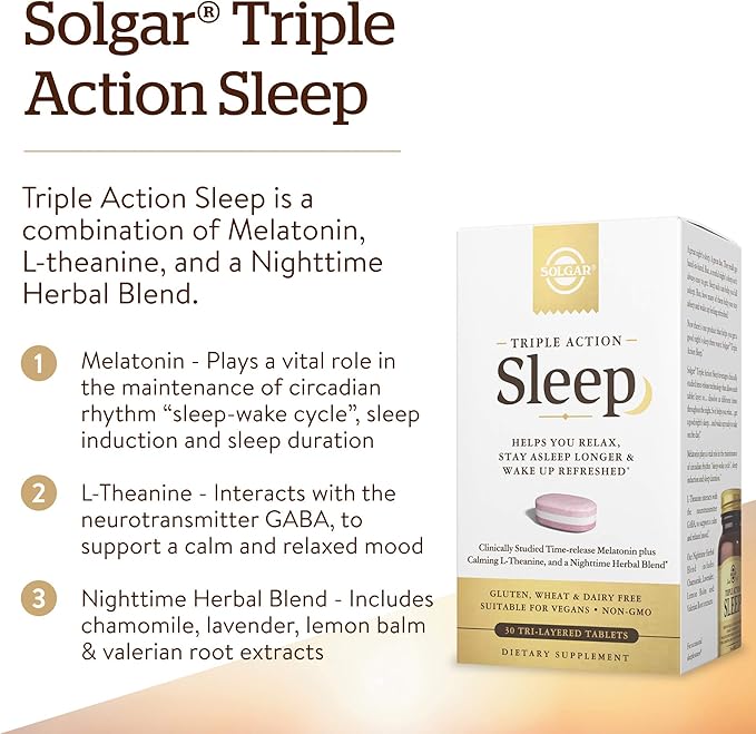 Solgar Triple Action Sleep, 30 Tri-Layer Tablets - Time-Release Melatonin & L-Theanine Plus Herbal Blend - Helps You Relax, Fall Asleep Fast & Stay Asleep Longer - Non-GMO, Gluten Free - 30 Servings