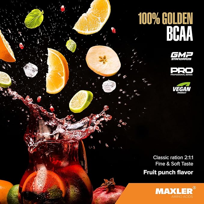 Maxler 100% Golden BCAA Powder - Intra & Post Workout Recovery Drink for Accelerated Muscle Recovery & Lean Muscle Growth - 6 g Vegan BCAAs Amino Acids - 60 Servings - Fruit Punch