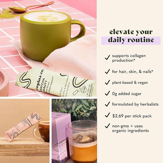 Vegan Collagen Booster Mix: Plant Based Collagen Support Smoothie Drink Vegan Blend Variety Pack | Matcha, Vanilla, & Cacao Calm | 3 Cartons, 10 Individual Stick Packs per Carton