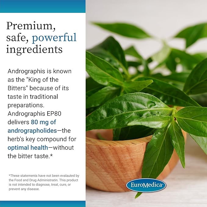 Euromedica Andrographis EP80 - Supplement for Brain Health & Immune Support - Joint Health Support Supplement to Aid Mobility - Vegan Adaptogen Supplement for Energy & Liver Support - 60 Capsules