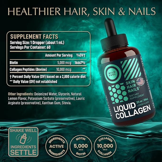 WILD FUEL Liquid Collagen Peptides with Biotin Vitamins for Hair Skin and Nails - 10,000mcg Liquid Collagen for Women and Men 5,000mcg Biotin - Lemon Flavor, 2-Month - 2 oz