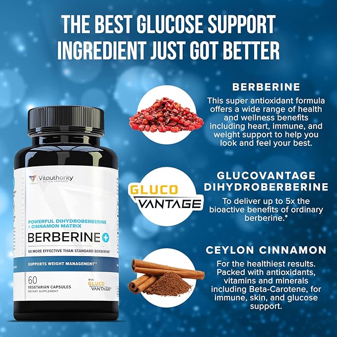 Vitauthority Berberine with Ceylon Cinnamon Supplements | High Absorption Dihydroberberine for Balance and Support | Vegan Powerful AMPk Activator & Antioxidant | 30 Servings
