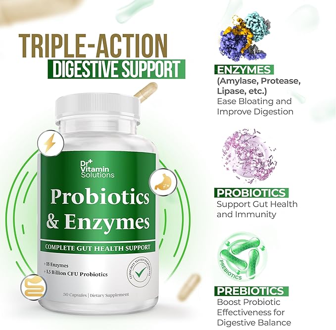 Probiotics and Multi Enzymes with Prebiotics for Digestive Health & Bloating Relief for Women & Men, Enzymes & Probiotics for Gut & Digestion - 30 Caps (1 Bottle, 30 Capsules)