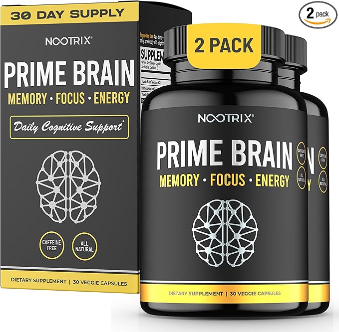 Prime Brain Nootropic Supplement | Supports Memory, Mental Focus, Cognitive Health & Energy | Promotes Healthy Mood & Brain Function | Ginkgo Biloba, Lion's Mane & L Theanine | 60 Capsules