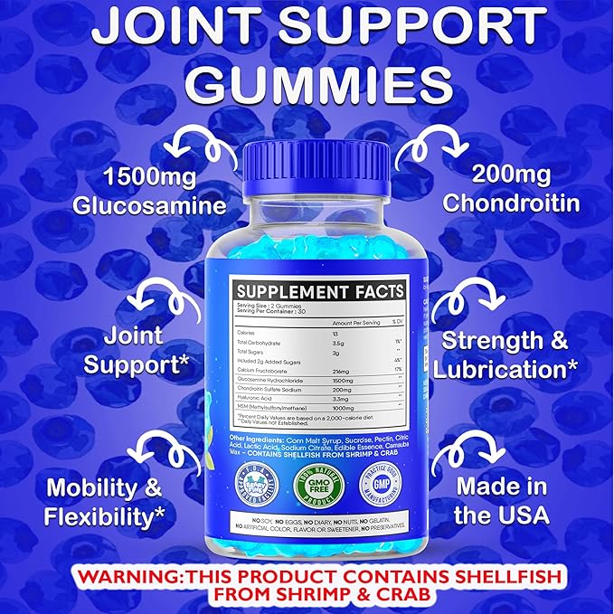 Glucosamine Chondroitin Gummies – 1500mg Extra Strength with MSM – for Adults, Men & Women – 60 Gummies – Made in The USA