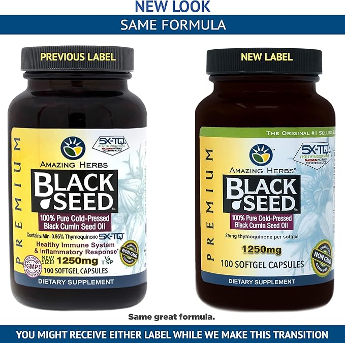 Amazing Herbs Black Seed Oil Pills 1250mg, 100 Softgel Capsules (Pack of 2)