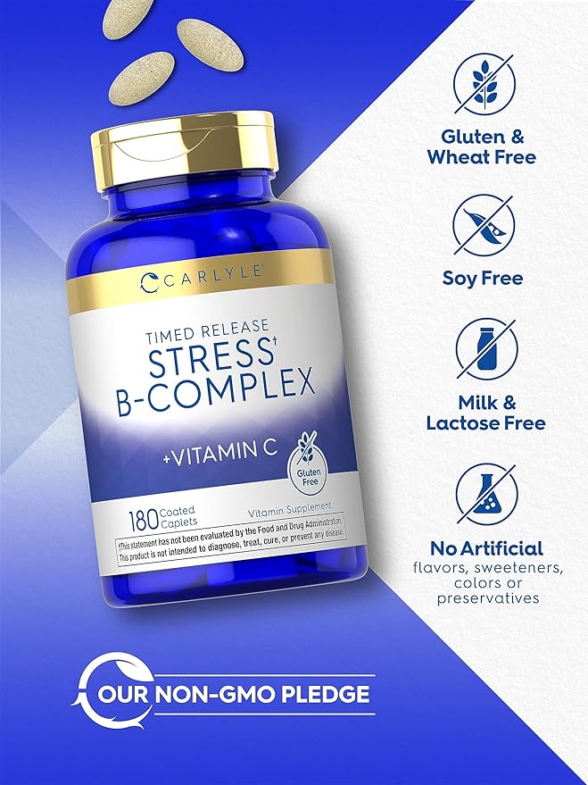 Carlyle Stress B-Complex Vitamin | 180 Vegetarian Caplets | with Vitamin C | Non-GMO & Gluten Free Supplement