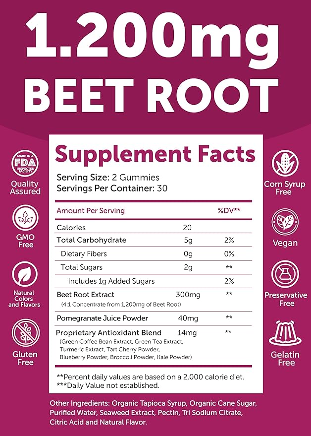 Lunakai USA Made Beet Root Gummies with Antioxidant Blend - Delicious Non-GMO Beet Chews, 60ct