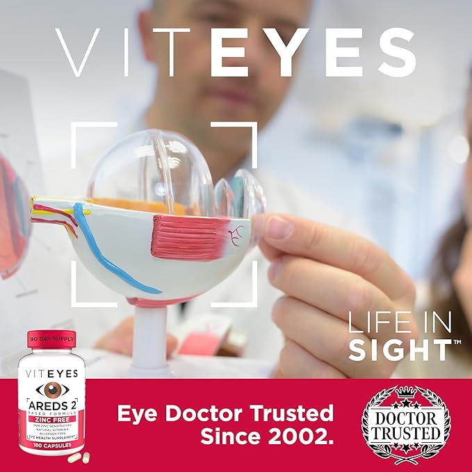Viteyes AREDS 2 Zinc Free Macular Support, Natural Allergen Free Capsules with Vitamin E, Vitamin C, Lutein & Zeaxanthin, No Zinc, No Copper, Eye Doctor Trusted, Manufactured in The USA, 180 Ct