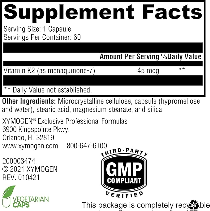 XYMOGEN K2-45 Vitamin K - Vitamin K2 MK-7 Derived from Non-GMO Soybeans - The Most Bioavailable Form of Vitamin K2 Supplement Available - Supports Cardiovascular + Bone Health (60 Capsules)
