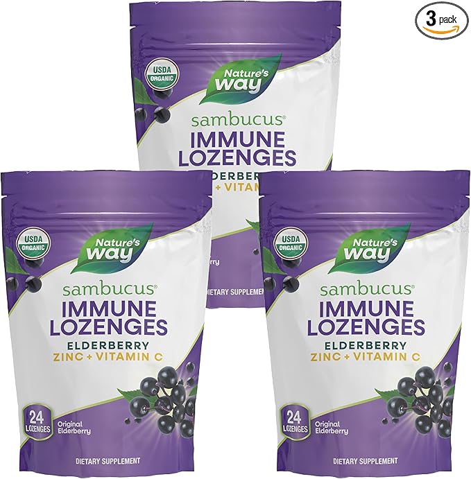 Nature's Way Organic Sambucus Zinc Lozenges - With Elderberry & Vitamin C - Vegan & Gluten Free - 24 Lozenges (Pack of 3)