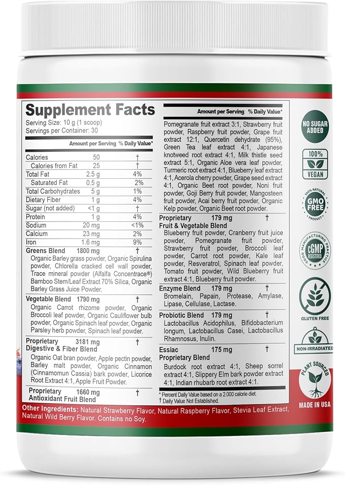 Essiac SuperFood for Immune Support 10.6 oz | 12 Organic Greens, Concentrated Antioxidants, Pre and Probiotics | Vegan, Dairy Free, Gluten Free| Non-GMO, No Added Sugar