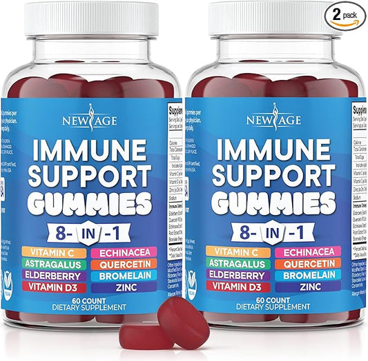 NEW AGE 8 in 1 Immune Support Booster Supplement with Astragalus Root, Vitamin C and Zinc 50mg, Vitamin D 5000 IU, Quercetin & Bromelain (8 in 1 Gummies (Pack of 2))