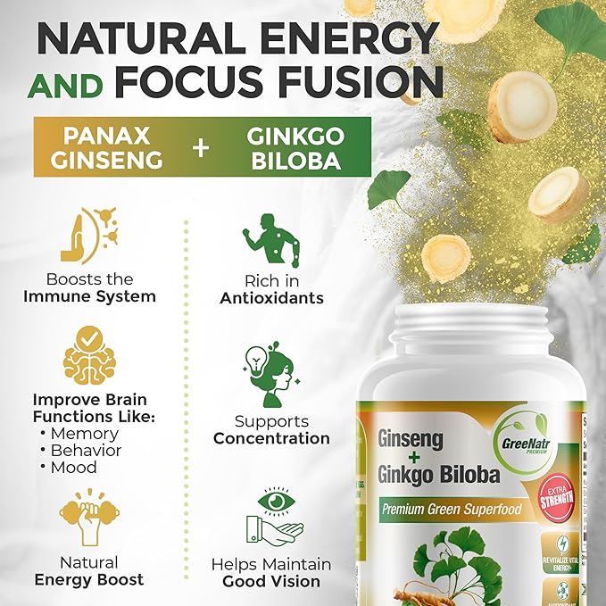 Ginko Biloba & Panax Ginseng Supplement - Red Ginseng Brain Supplement for Memory and Focus - Ginkgo Biloba Supplements for Good Vision, Immune System and Improved Blood Flow - 120 Tablets