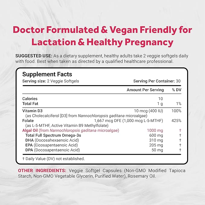 Vegan Prenatal with Full Specrum Omega-3 | Algae DHA, EPA, DPA, Vitamin D3 & Active Folate L 5-MTHF | Vegan Society Certified, Sustainably Sourced, Non-GMO & Soy Free | 60 Veggie Softgels