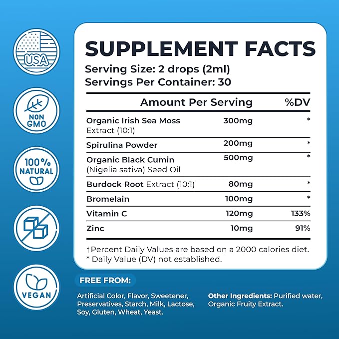 Irish Sea Moss Drops - 5X Stronger Than Sea Moss Gel - 92+ Essentials Minerals - with Spirulina Powder, Burdock Root & Black Cumin - 2 Fl Oz (60ml) - Strawberry Flavor