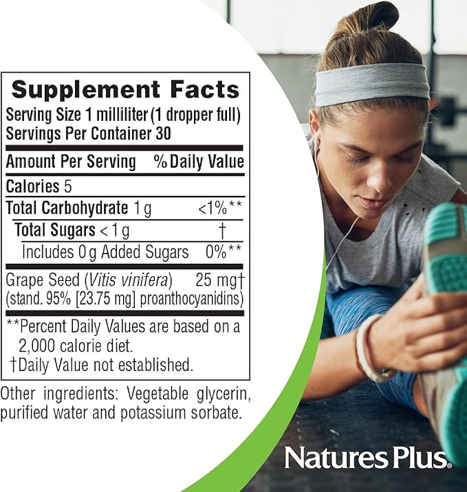 Natures Plus Herbal Actives Grape Seed 25 mg Liquid Suspension - Vegan Drops, 1 fl oz - Vegetarian, Gluten-Free - 30 Servings