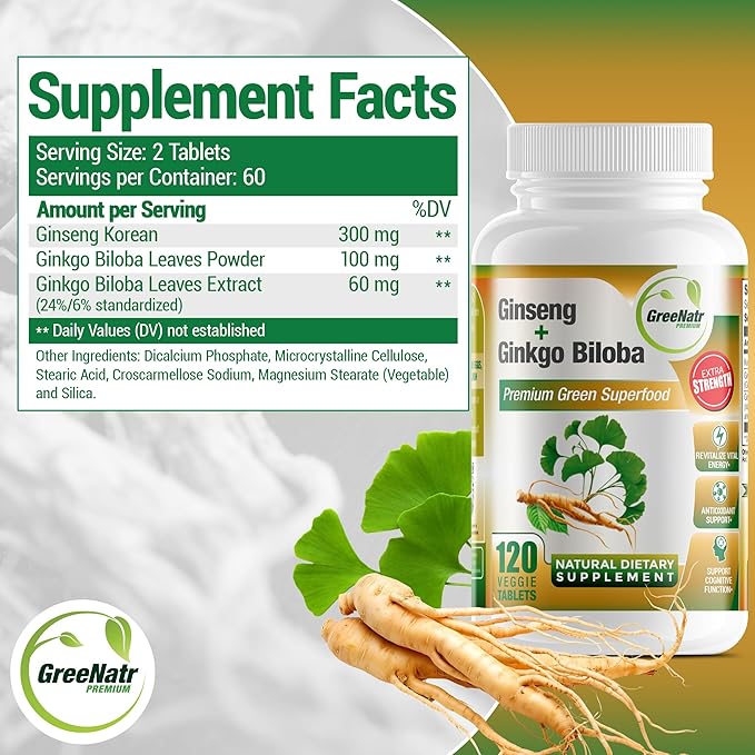 Ginko Biloba & Panax Ginseng Supplement - Red Ginseng Brain Supplement for Memory and Focus - Ginkgo Biloba Supplements for Good Vision, Immune System and Improved Blood Flow - 120 Tablets