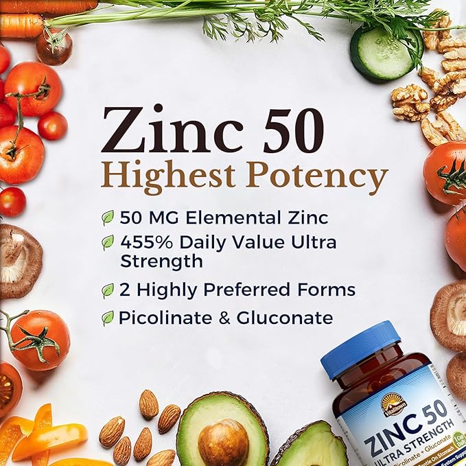 Vitalitown Zinc 50 mg, Zinc Picolinate, Zinc Gluconate, 120 Veggie Capsules, No Zinc Oxide, Well-Absorbed, Chelated Zinc Supplement, Immune System, Healthy Skin & Development, Vegan, Non-GMO