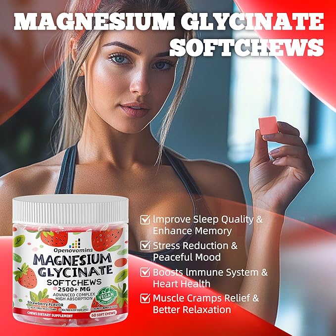 Magnesium Glycinate Soft Chews, Strawberry Flavor.Chewable Sugar Free Potassium Magnesium Chews with Magnesium Glycinate, Vitamin D, B6, and CoQ10 for Calm Support & Sleep for Adults, 60 Days Supply