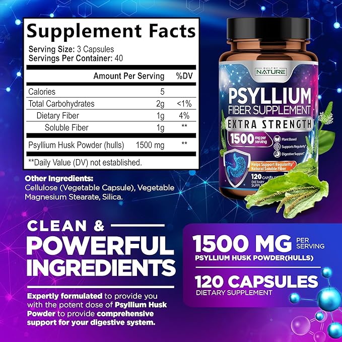 Psyllium Husk Capsules 1500mg - Fiber Supplement - Natural Soluble Fiber Pills with Psyllium Husk Powder - Supports Digestive Gut and Colon Health - Non-GMO, Gluten-Free, Vegan - 120 Capsules